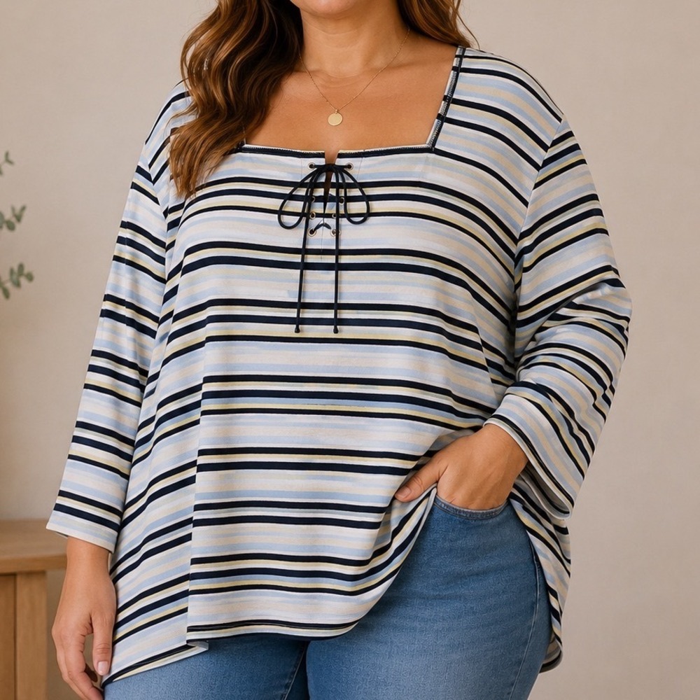 Y2K Plus Size Striped Lace Up Top 22/24W Square Neck Coastal Nautical